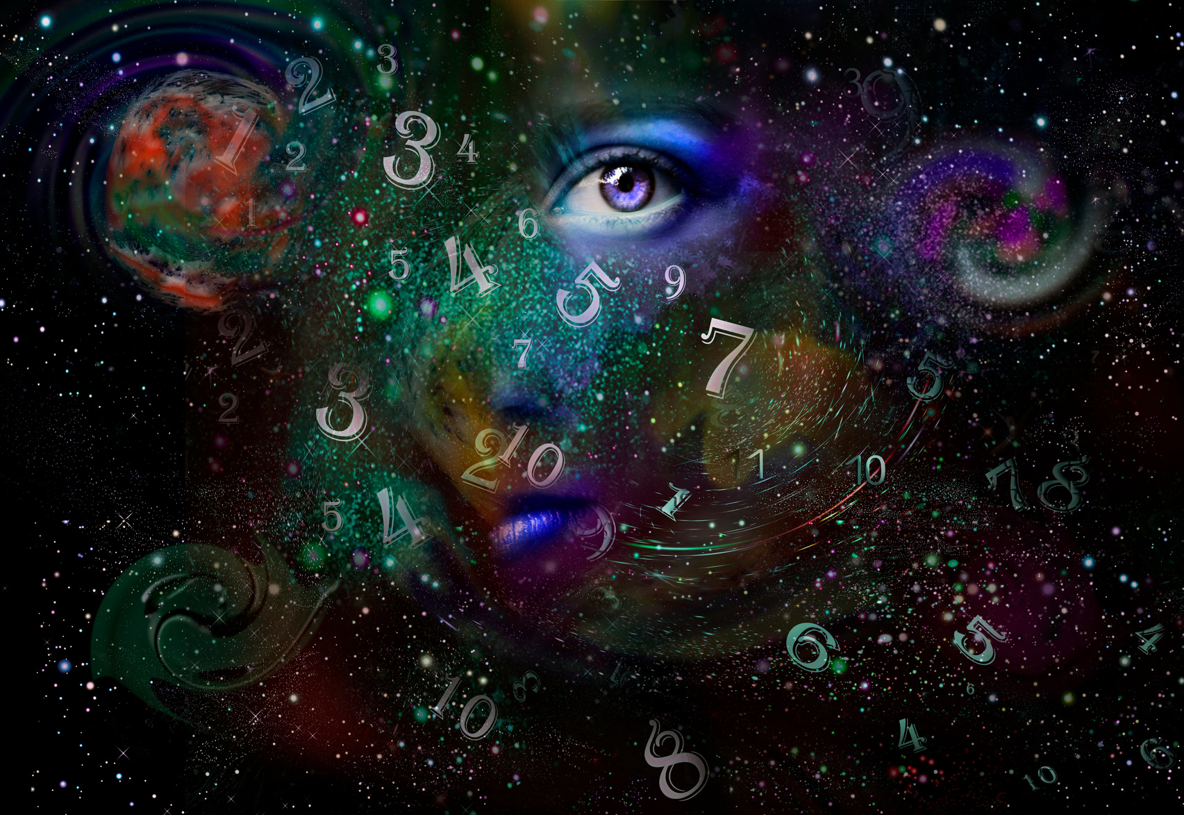 Woman's face, space and numerology